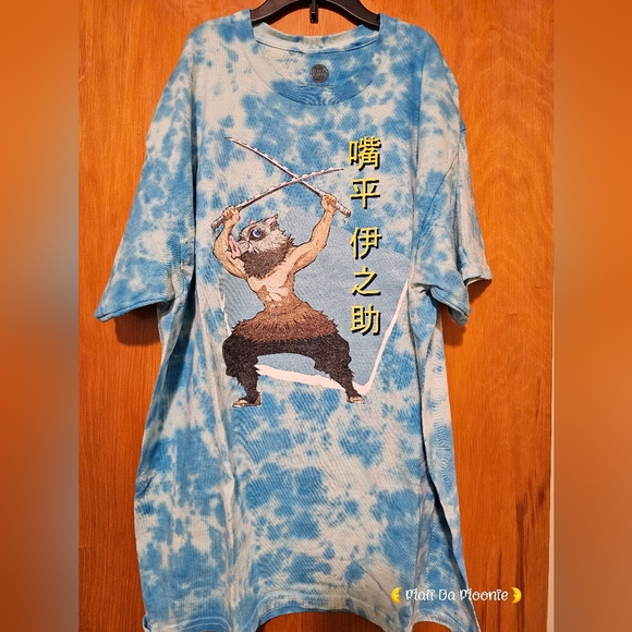 Hot Topic Demon Slayer Tshirt Hashibira Inosuke - L Blue Tie Dye - Picture 2 of 4